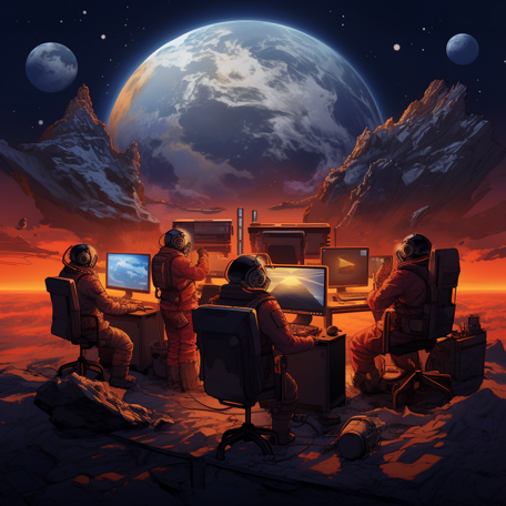 An AI-generated image of software engineers working on a different planet