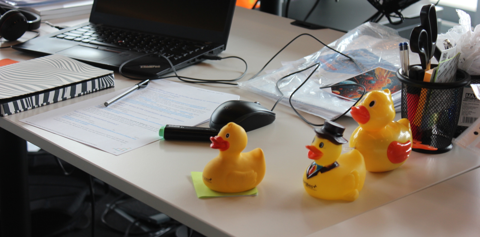 A rubber duck in use by a developer to aid debugging