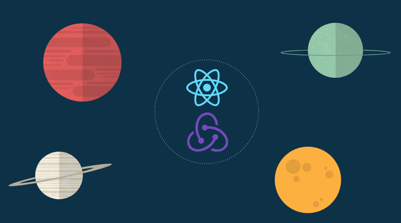 React and redux logos among planets and moons.