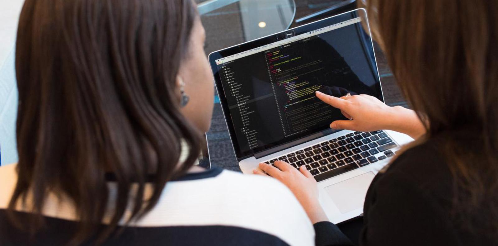 Two software engineers working on a laptop. 