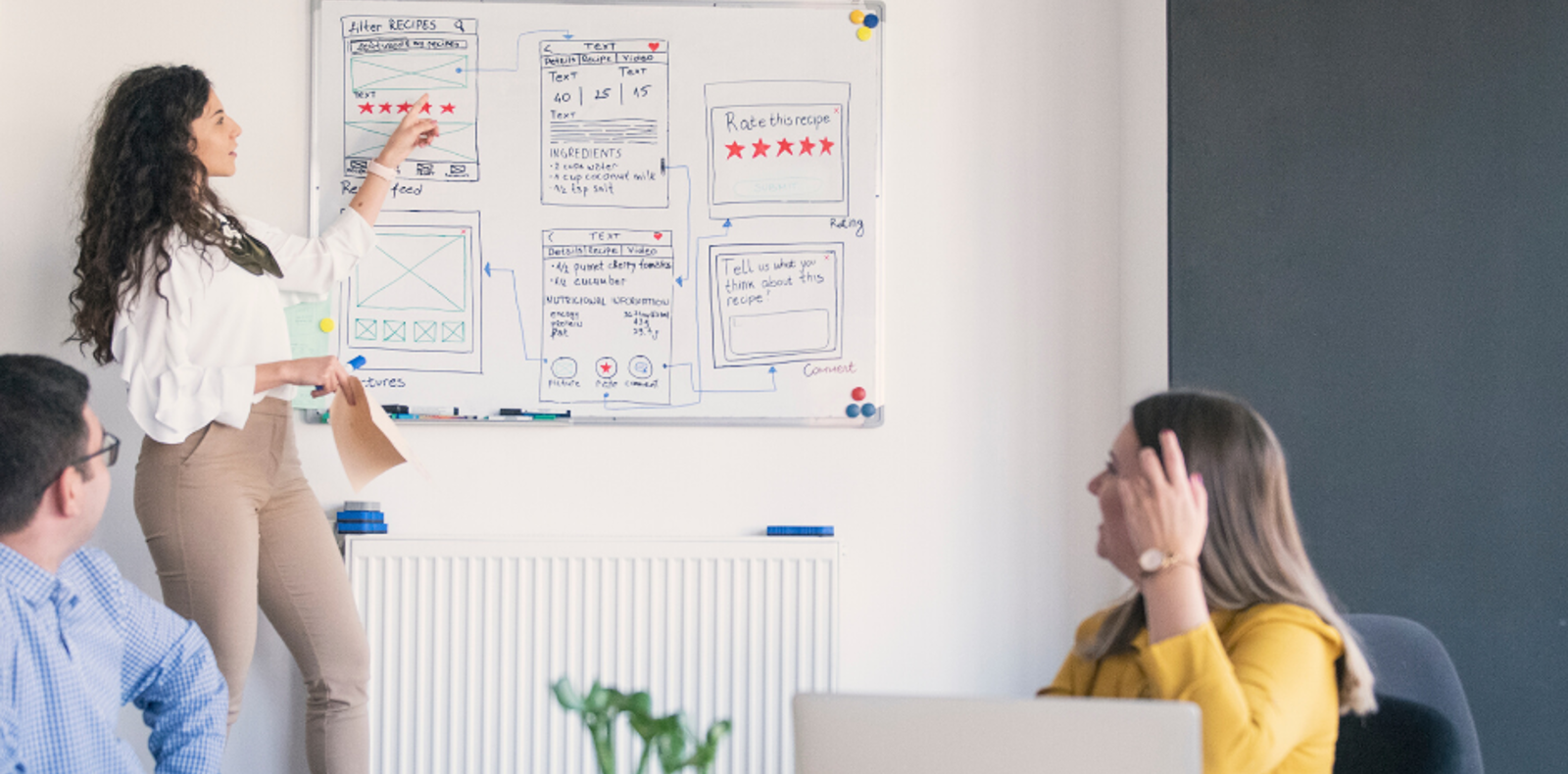 Designer in front of a whiteboard, presenting wireframes.