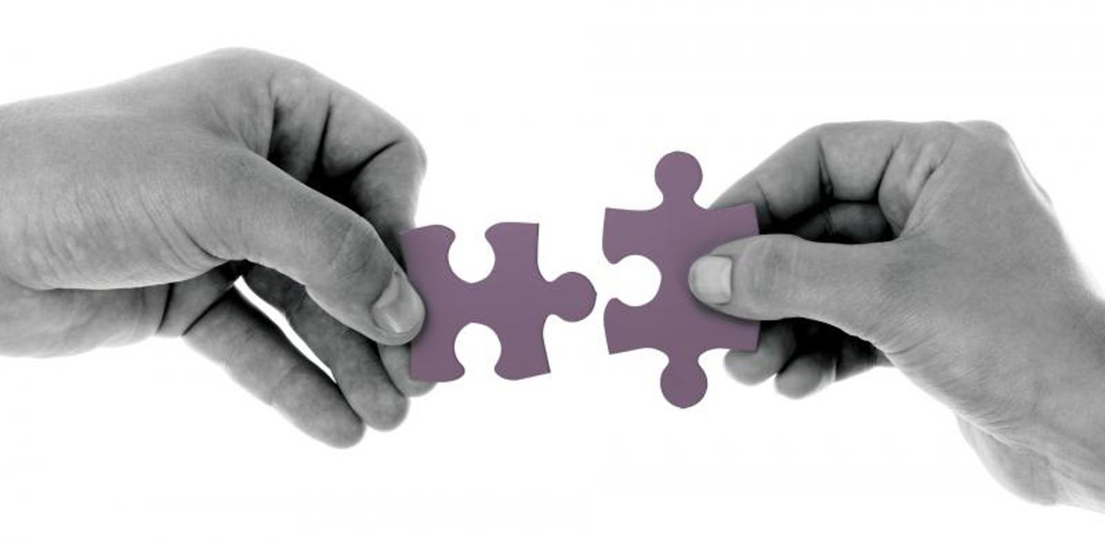 Two hands holding a purple puzzle piece, symbolizing unity and support.